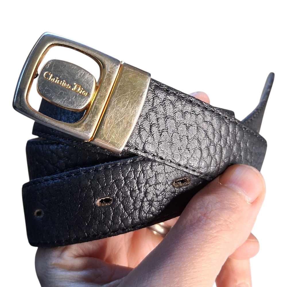 Christian Dior Gray Black Reversible Leather Belt with Gold Buckle